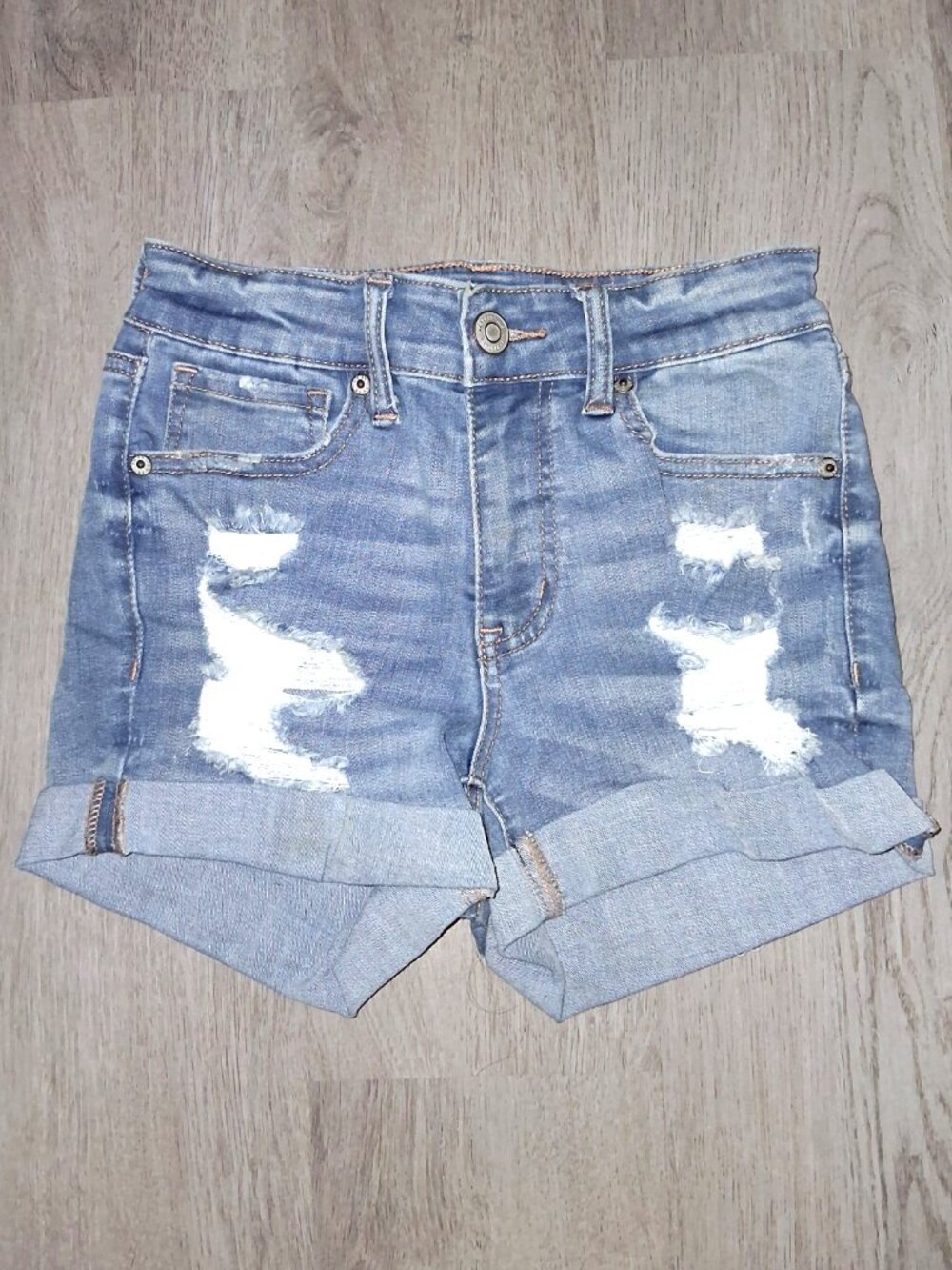 Aeropostale High Rise Midi Short Jean Shorts Size 0 Light Wash Distressed Denim